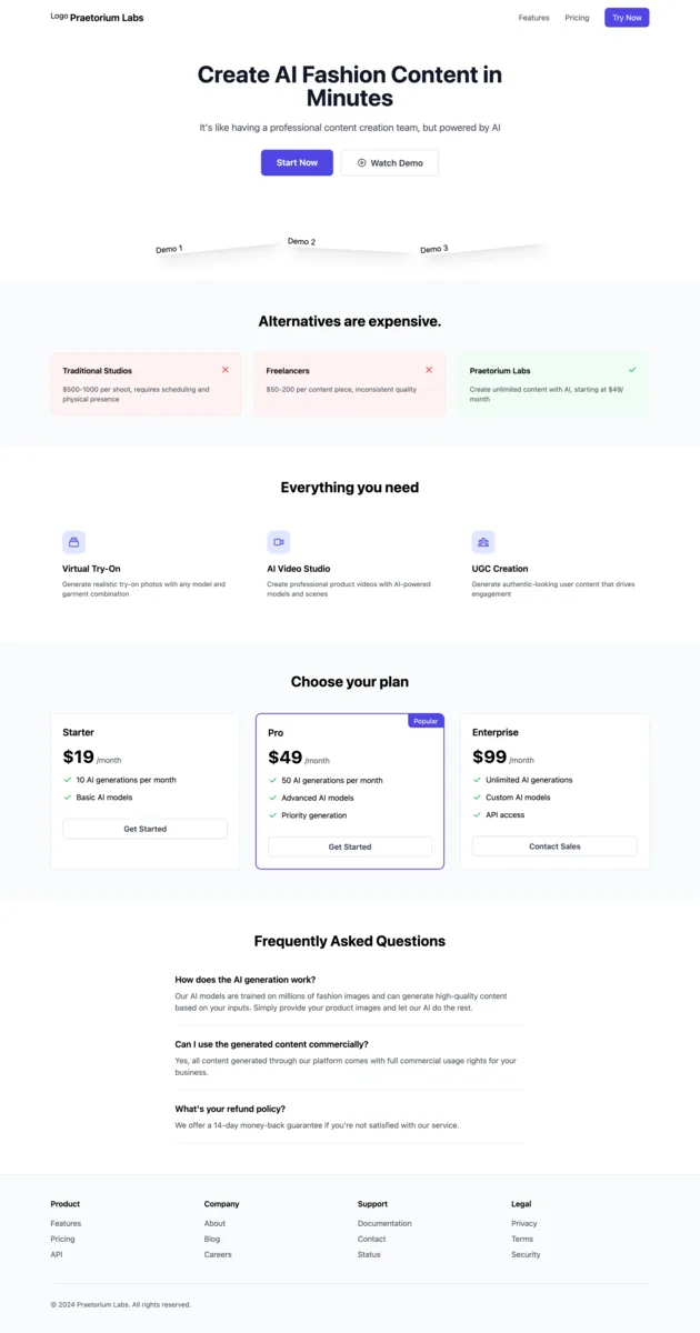 AI fashion content studio landing page