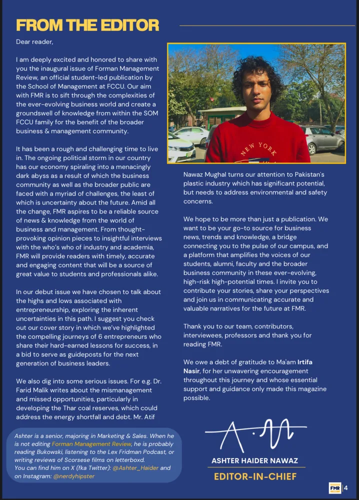 Editor's note spread from Forman Management Review