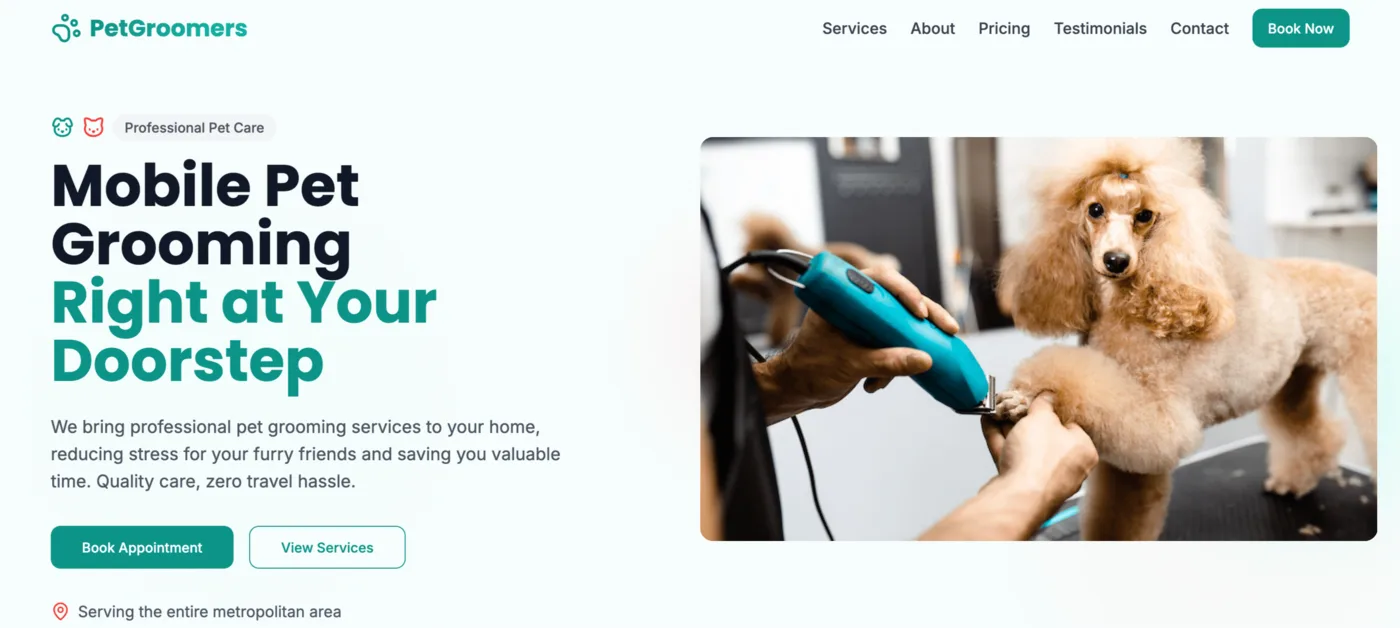 Mobile pet grooming landing page mockup