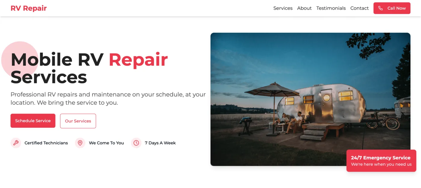 Mobile RV repair landing page mockup