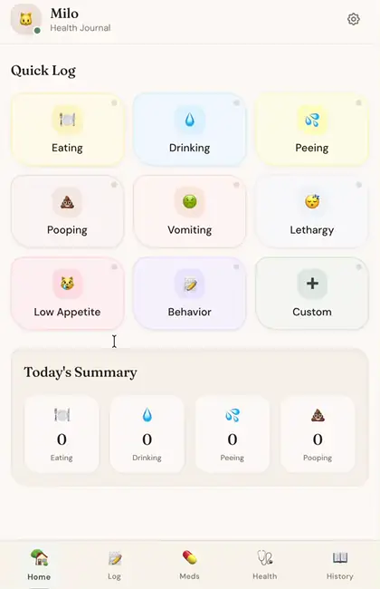 Milo Health mobile flow: quick logs, medications, and vet summary