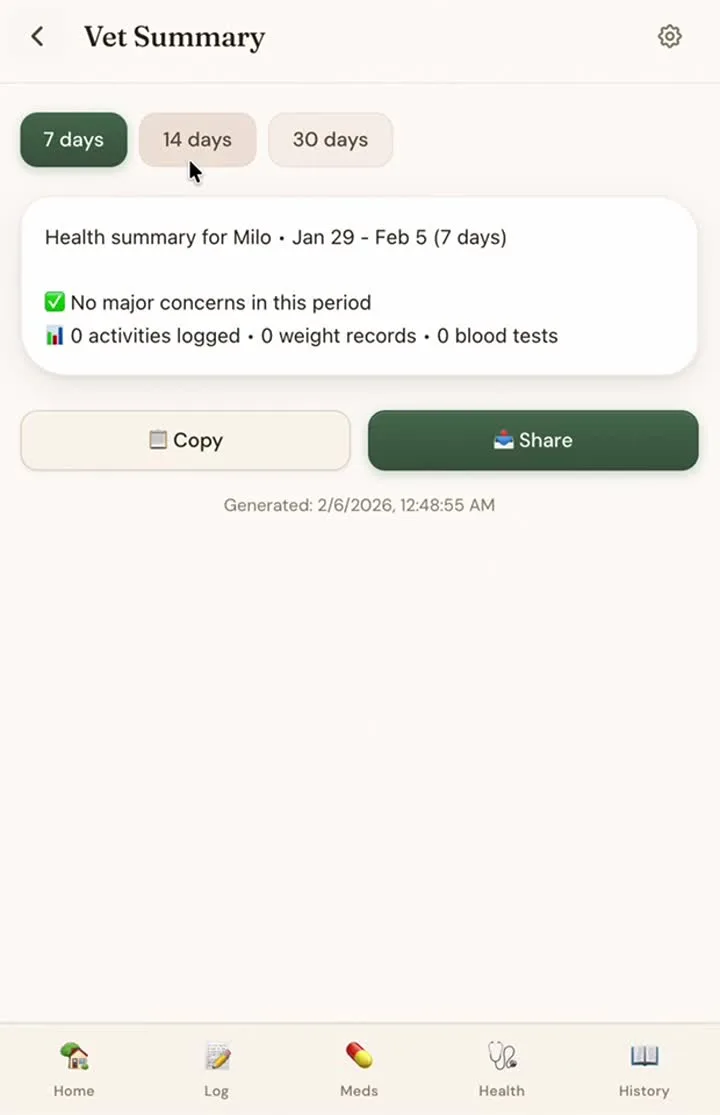 Generated vet summary screen