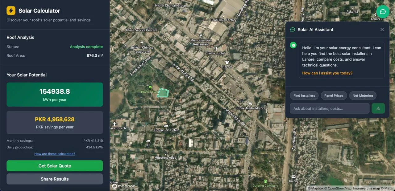 Solar calculator map, selected roof, and AI assistant context