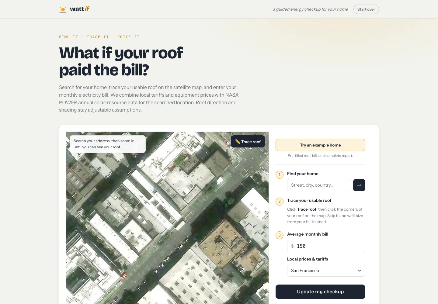 Watt If guided rooftop search, tracing, and electricity-bill setup